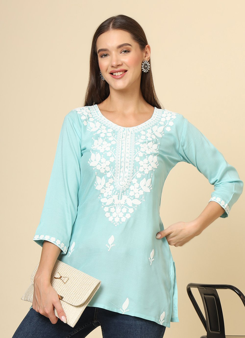 Blue Cotton Short Chicken Kari Work Kurti