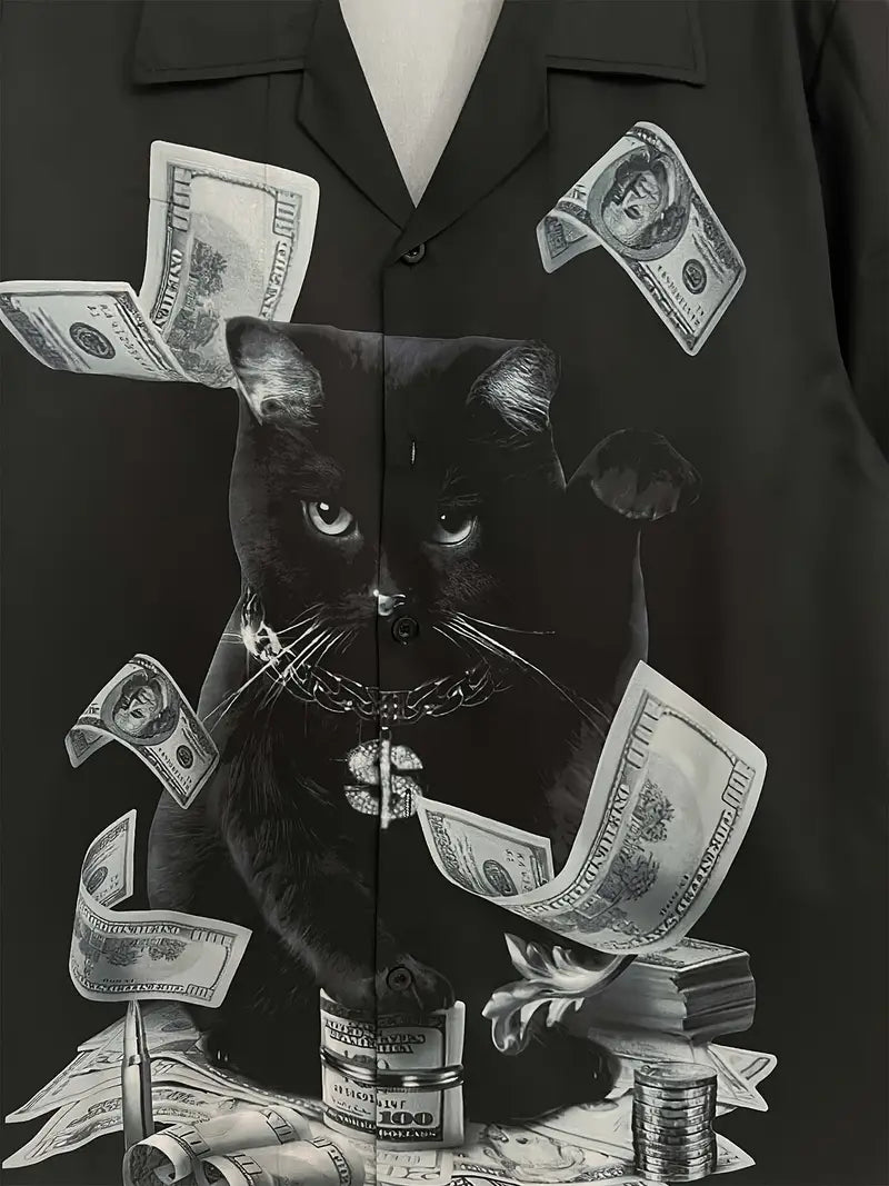 Men's Versatile Cat And Money Print Shirt