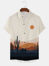 Mens Cactus Desert Scenery Print Holiday Short Sleeve Shirts