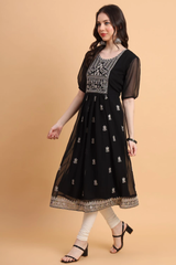 Black Embroidered Georgette Straight Kurti