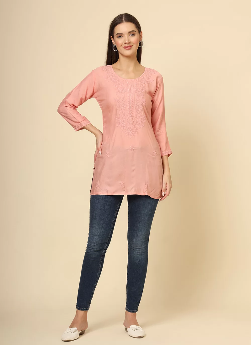 Peach Cotton Chicken Kari Work Kurti