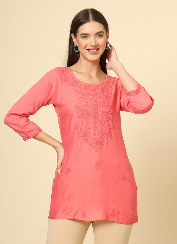 Rust Cotton Chicken Kari Work Kurti