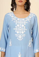 Blue Floral Embroidered Liva Rayon Straight Kurti