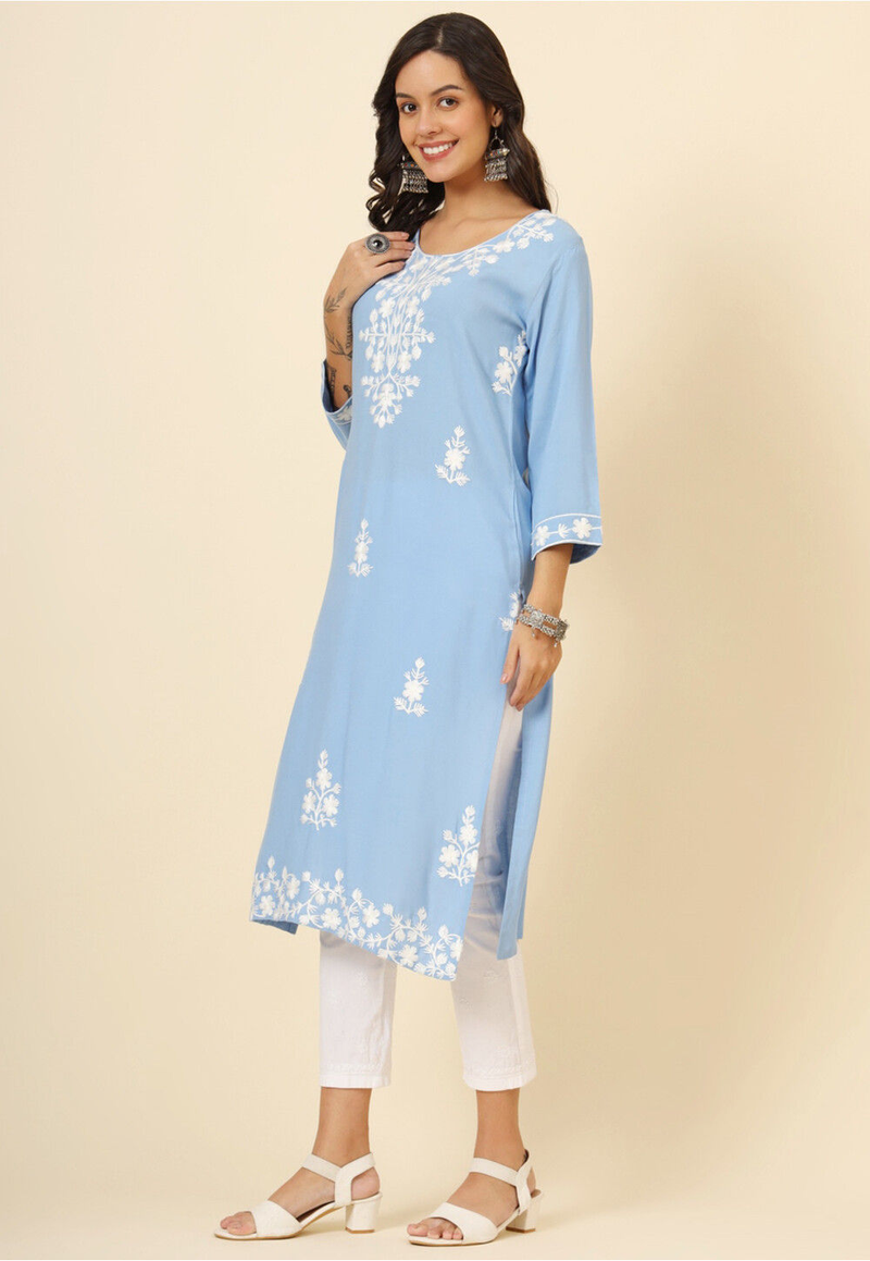 Blue Floral Embroidered Liva Rayon Straight Kurti