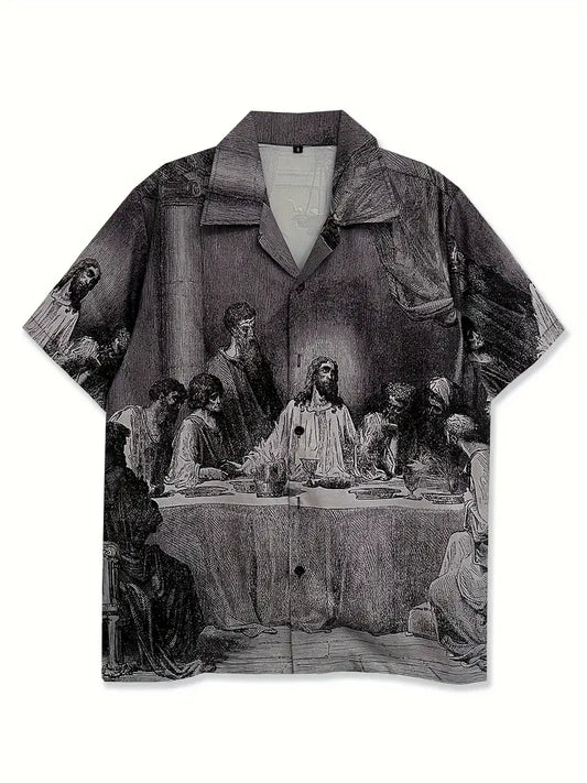 Men's Casual Last Supper Print Button-Up Shirt