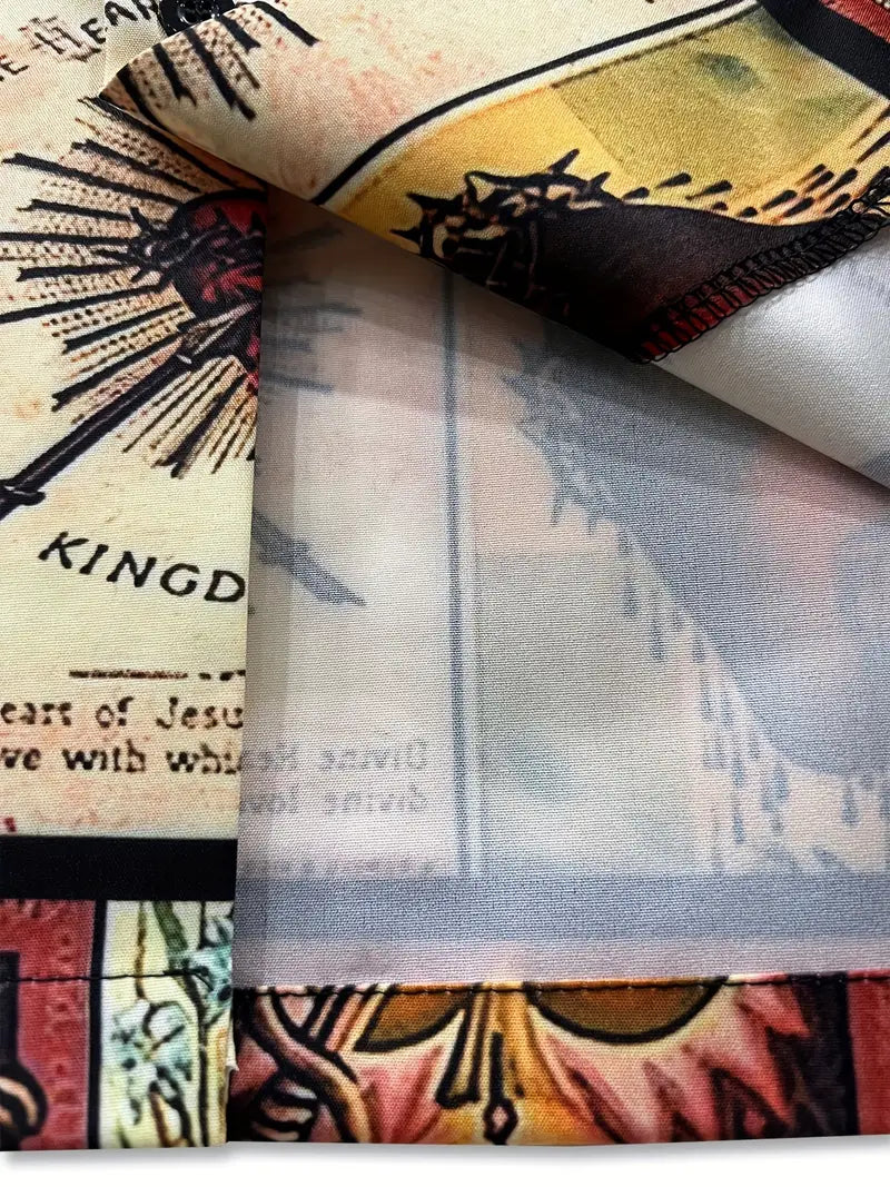 Men's Casual Love & Cross Print Button Shirt