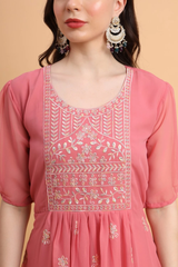 Pink Embroidered Georgette Straight Kurti