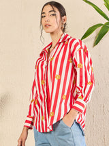 Red Striped Floral Button-Down Shirt