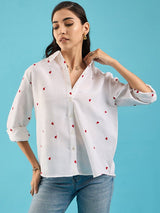White Heart-Print Button-Down Shirt