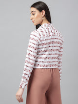 Chic White & Rose Striped Floral Print Button-Up Shirt