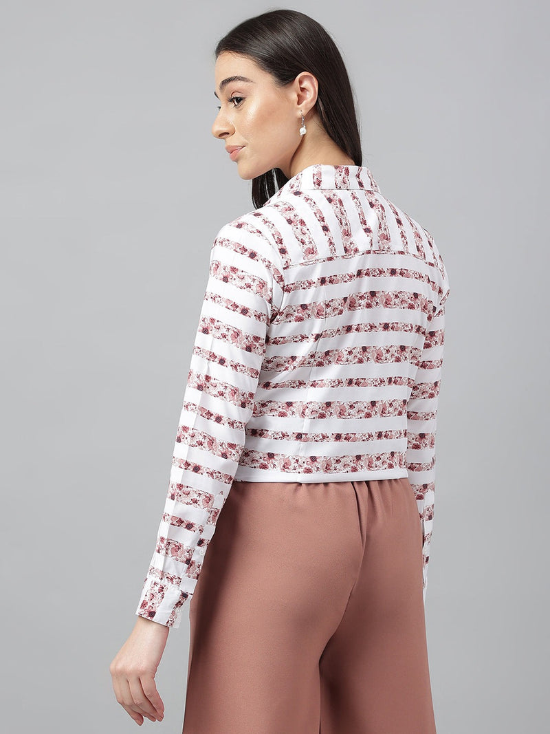 Chic White & Rose Striped Floral Print Button-Up Shirt