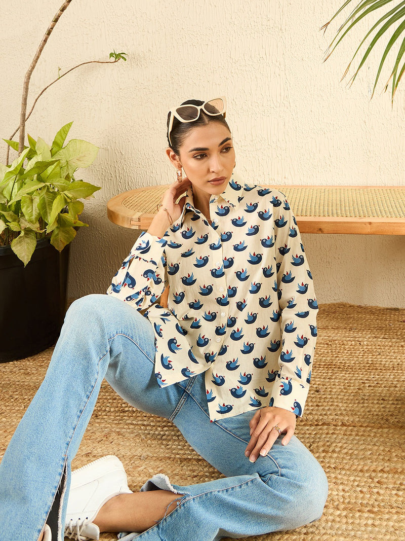 Beige & Blue Bird Print Button-Down Shirt