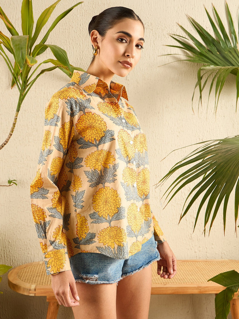 Floral Handblock Print Cotton Shirt