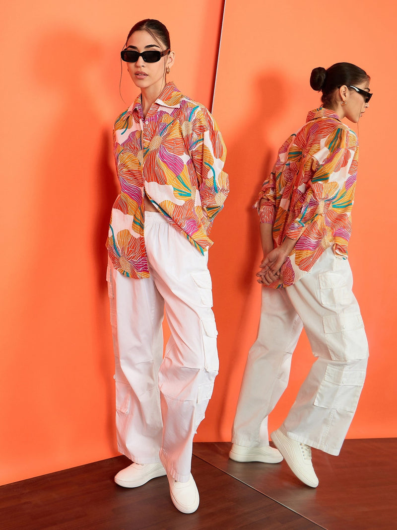Bold Orange Floral Print Cotton Shirt
