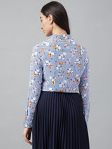 Blue Striped Floral Printed Long Sleeve Shirt