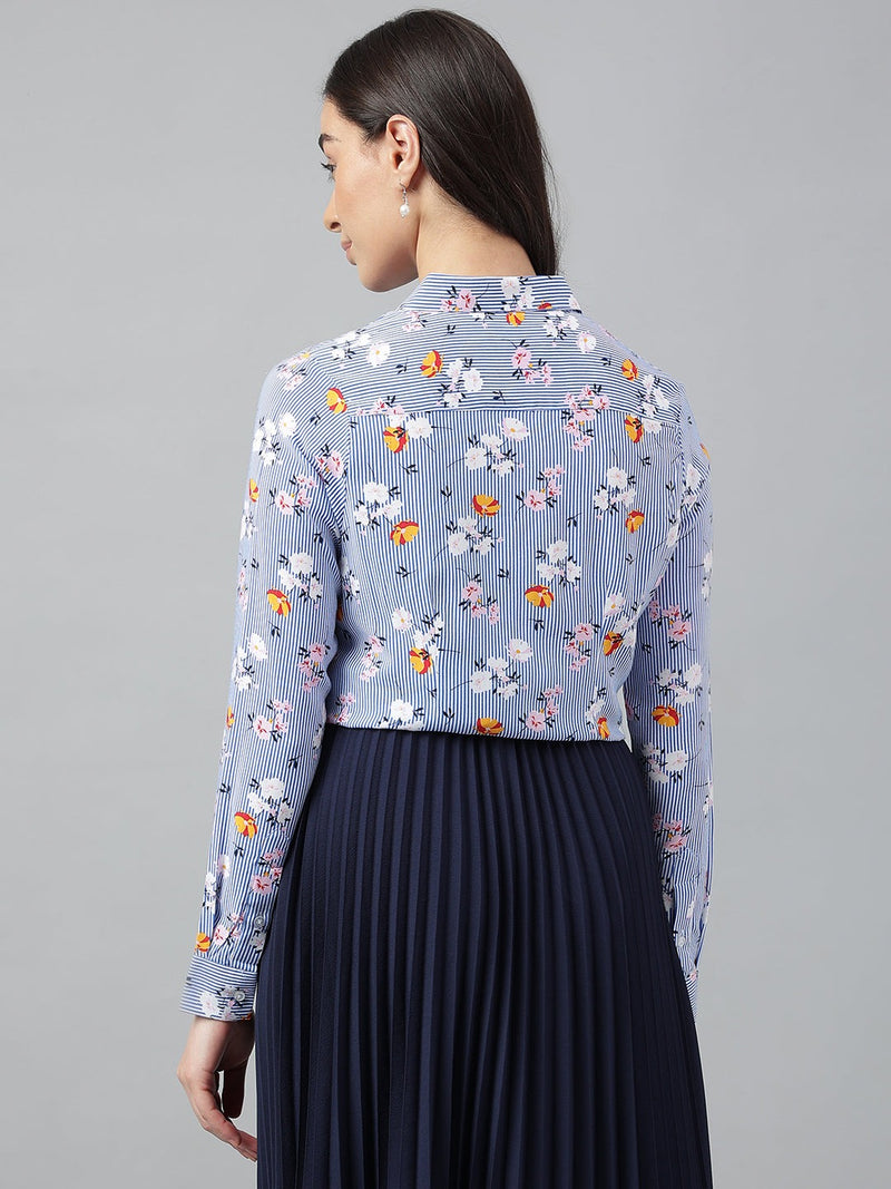 Blue Striped Floral Printed Long Sleeve Shirt