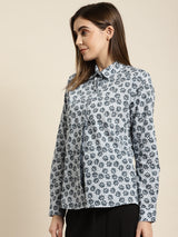 White & Navy Blue Floral Printed Cotton Shirt