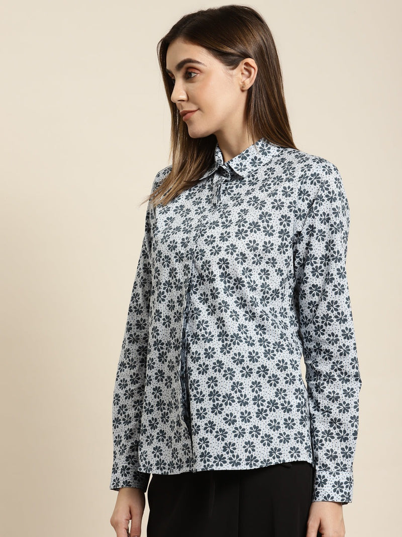 White & Navy Blue Floral Printed Cotton Shirt