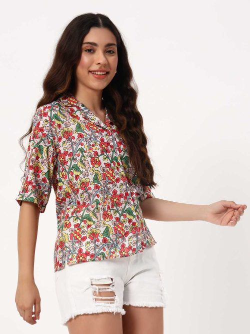 White Shirt with Vibrant Floral Print & Half Sleeves