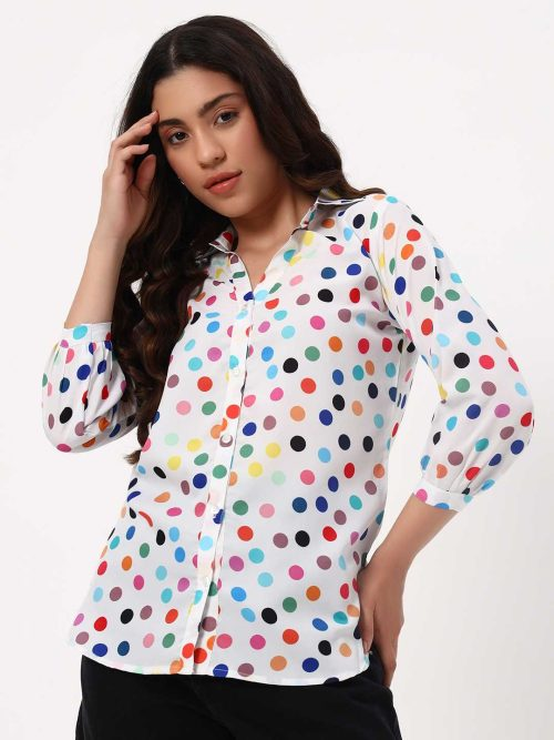 White Multicolor Polka Dot Casual Shirt