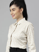 Beige & White Geometric Print Formal Shirt