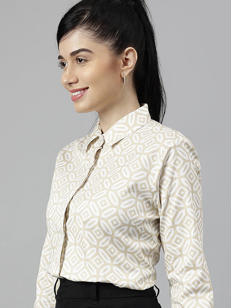 Beige & White Geometric Print Formal Shirt