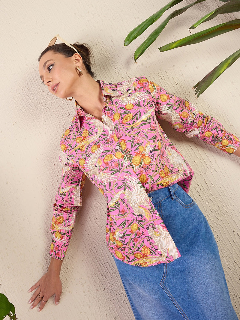 Pink Tropical Bloom Print Shirt