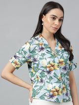 Sky Blue Floral Printed Short Sleeve Shirt