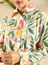Playful Bird & Floral Print Cotton Shirt