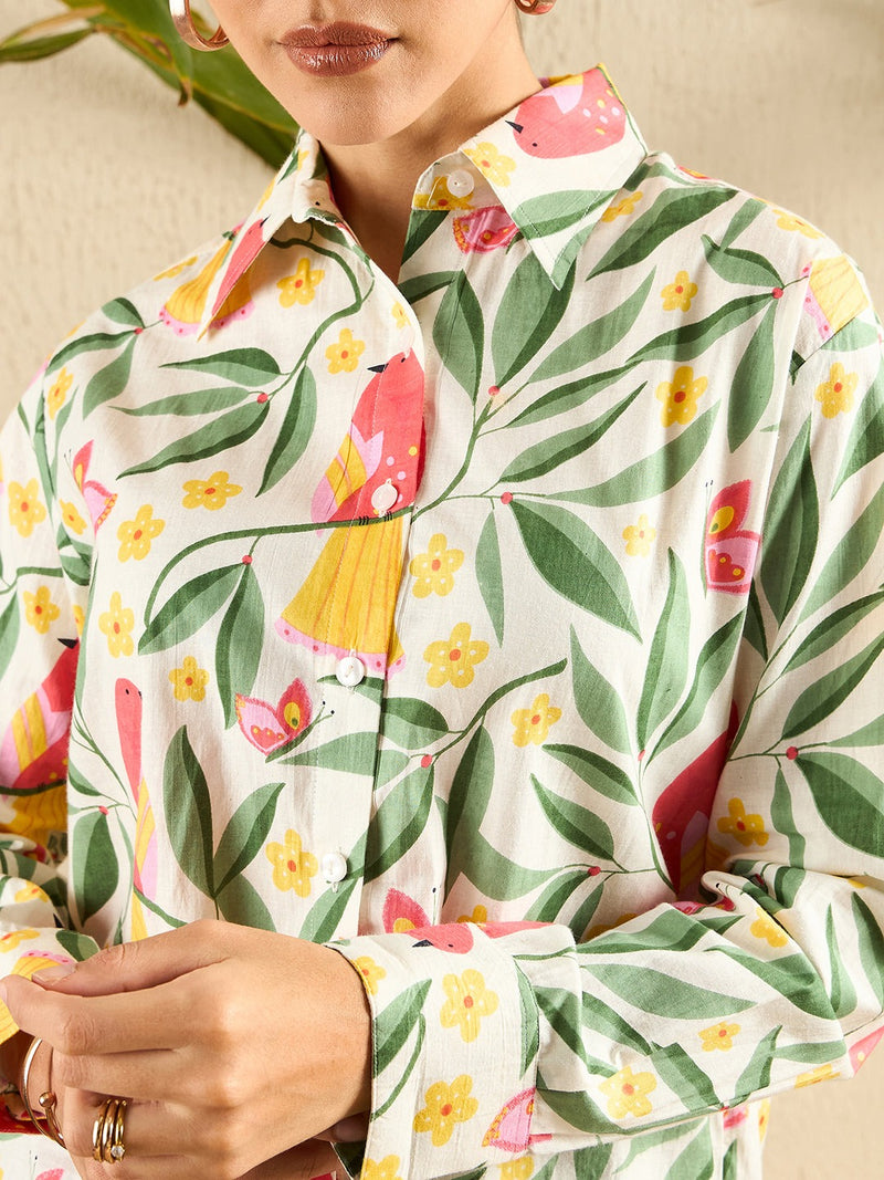 Playful Bird & Floral Print Cotton Shirt