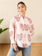 Red Heart Print White Cotton Shirt