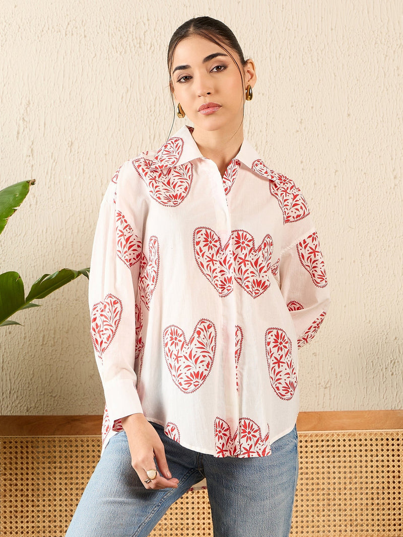 Red Heart Print White Cotton Shirt