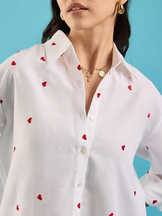 White Heart-Print Button-Down Shirt