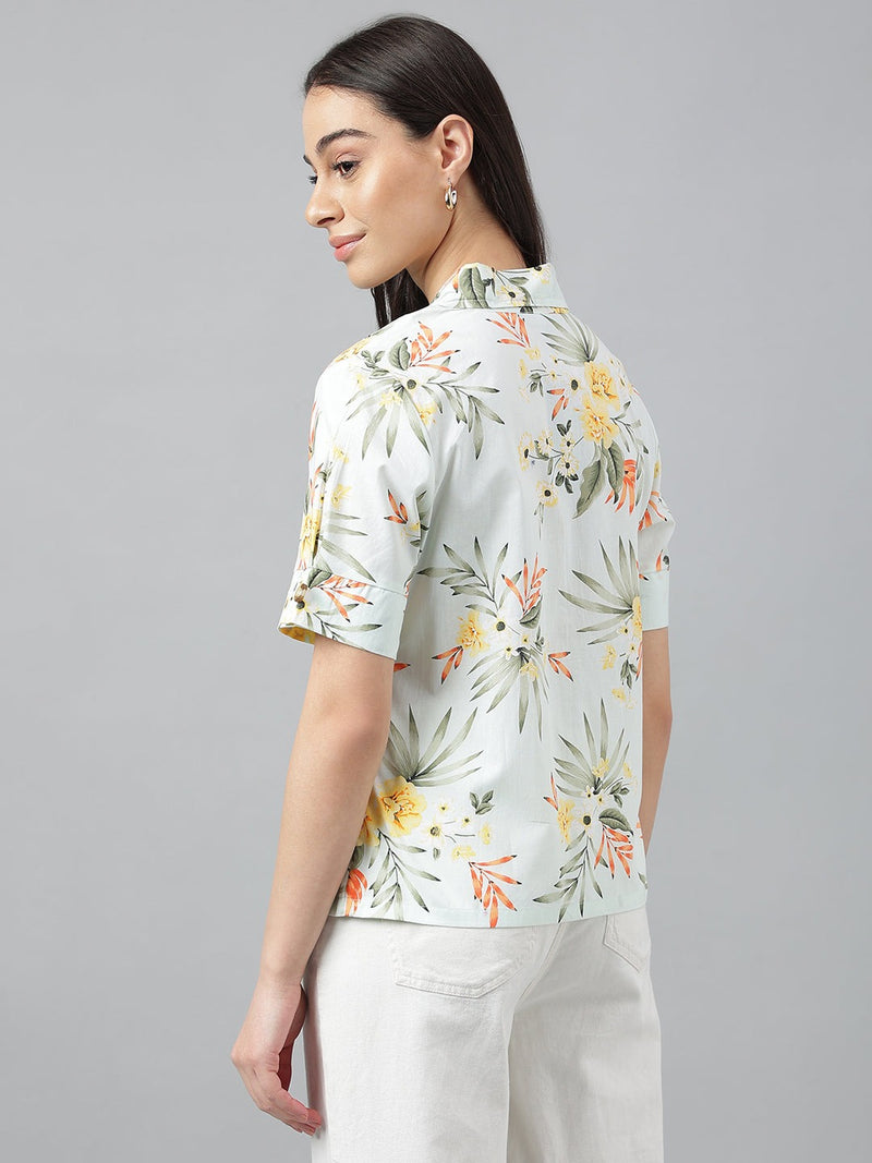 Fresh Mint Green Tropical Floral Print Half Sleeve Shirt