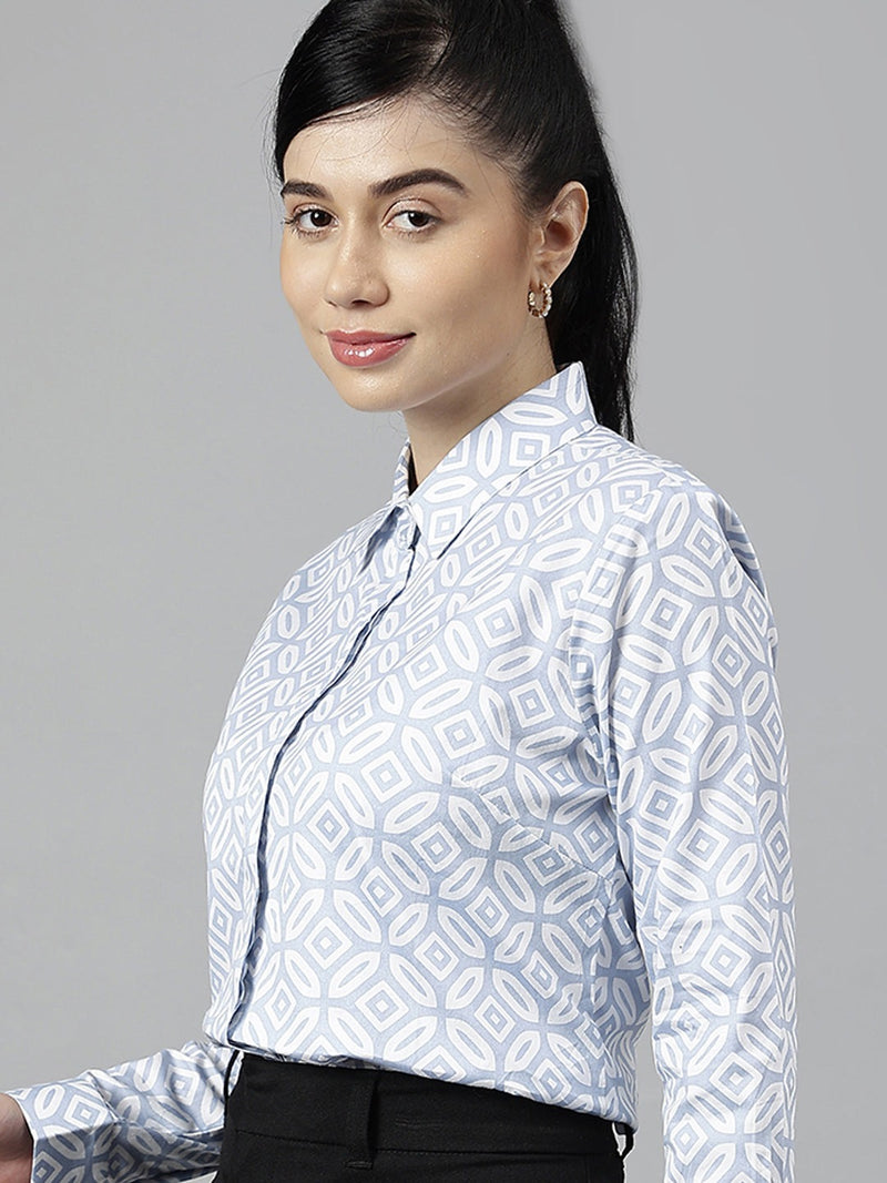 Light Blue & White Geometric Print Formal Shirt