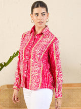 Vibrant Pink & Beige Tie-Dye Inspired Printed Button-Up Shirt