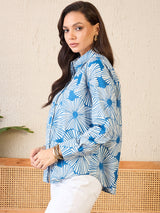 Cool Blue Floral Burst Print Button-Up Shirt