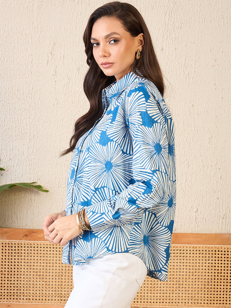 Cool Blue Floral Burst Print Button-Up Shirt