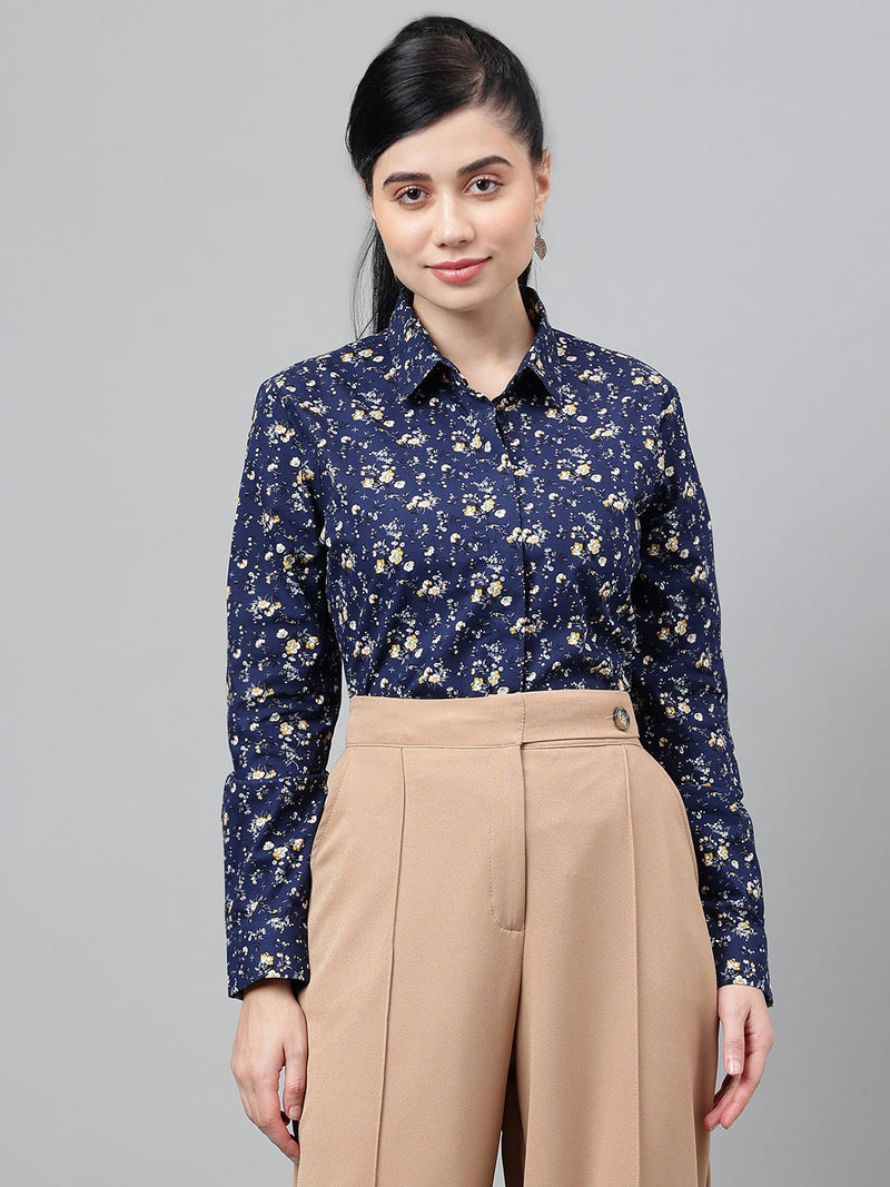 Navy Blue Floral Print Long Sleeve Shirt