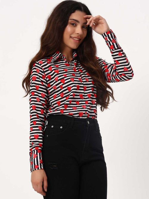 Black & White Striped Shirt with Red Heart Print