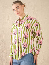 Green & Pink Peacock Print Cotton Shirt