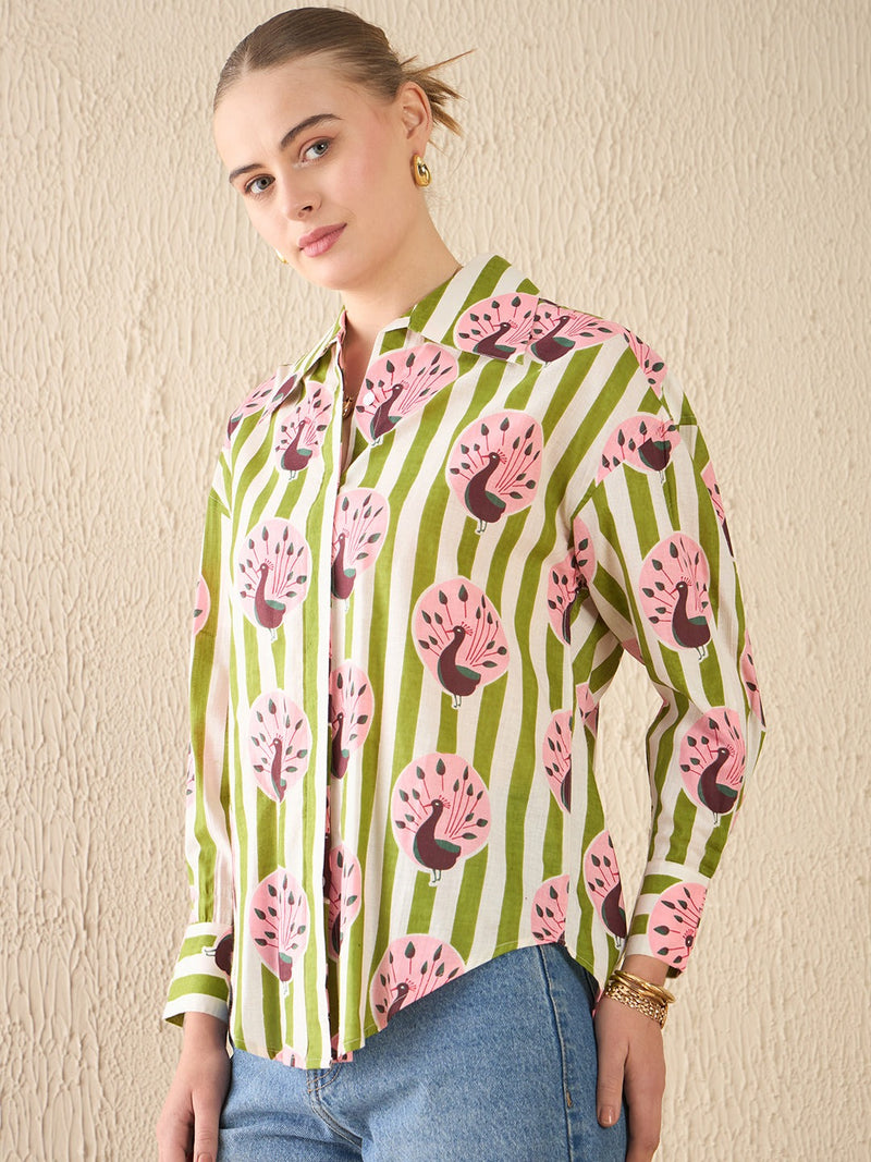 Green & Pink Peacock Print Cotton Shirt