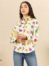 Colorful Fruit & Veggie Print Button-Up Shirt