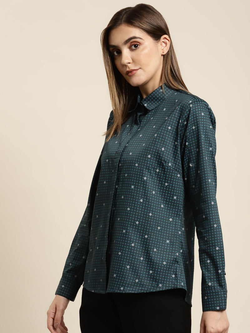 Teal Blue Geometric Print Shirt