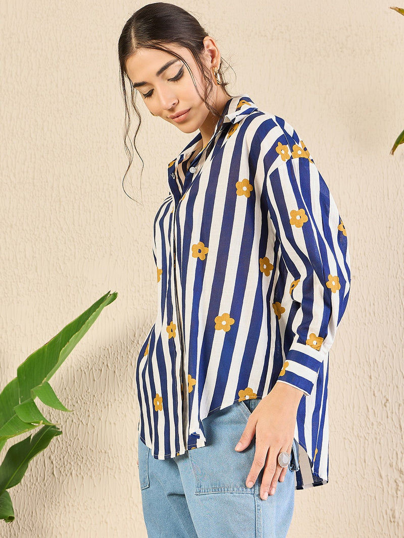 Navy Striped Floral Button-Down Shirt