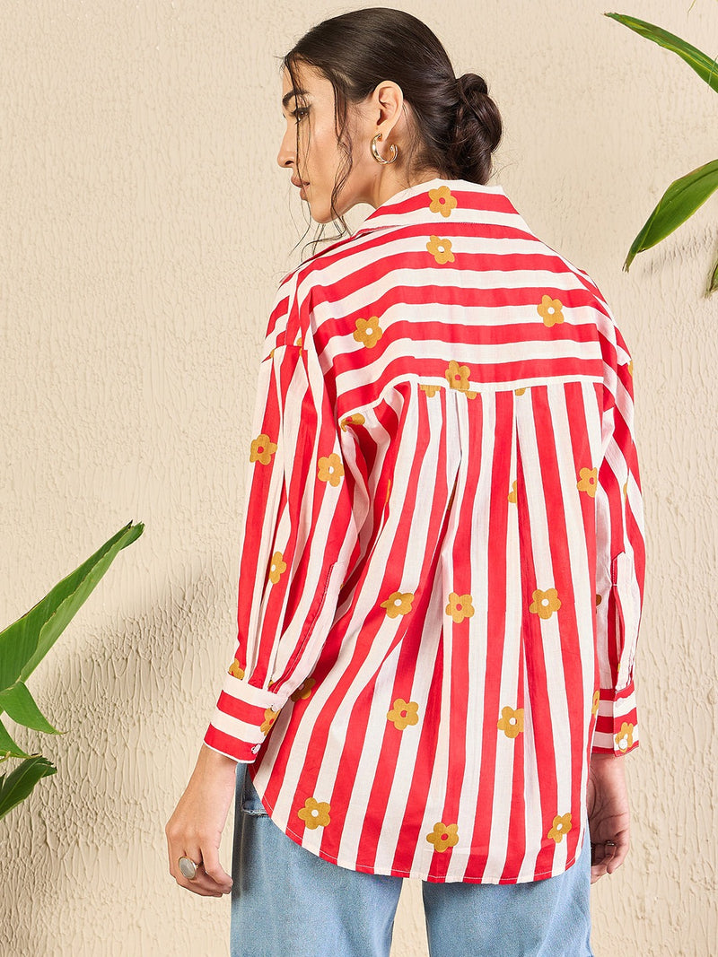 Red Striped Floral Button-Down Shirt