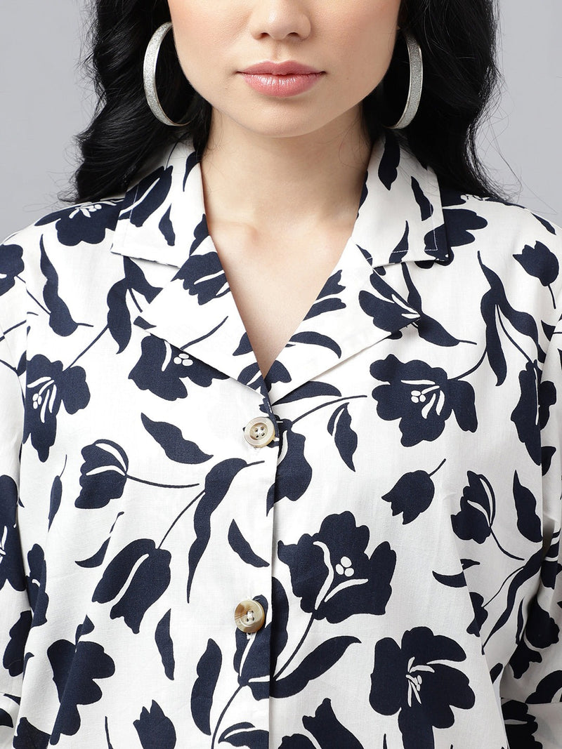 Classic Black & White Floral Print Half Sleeve Button-Up Shirt