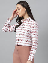 Chic White & Rose Striped Floral Print Button-Up Shirt