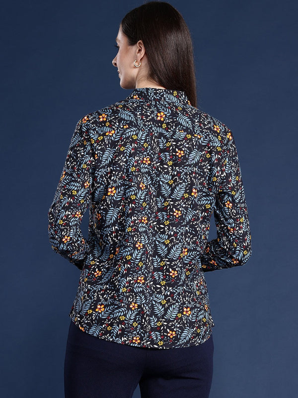 Navy Blue Floral Printed Shirt