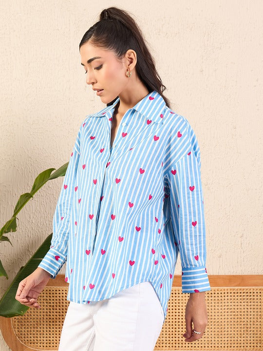 Blue Striped Heart-Print Shirt